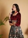 Women Maroon Velvet Embroidered Crop Top