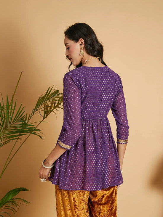 Women Purple Dot Foil Print Wrap Peplum Top