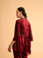 Women Maroon Velvet Embroidered Peplum Top