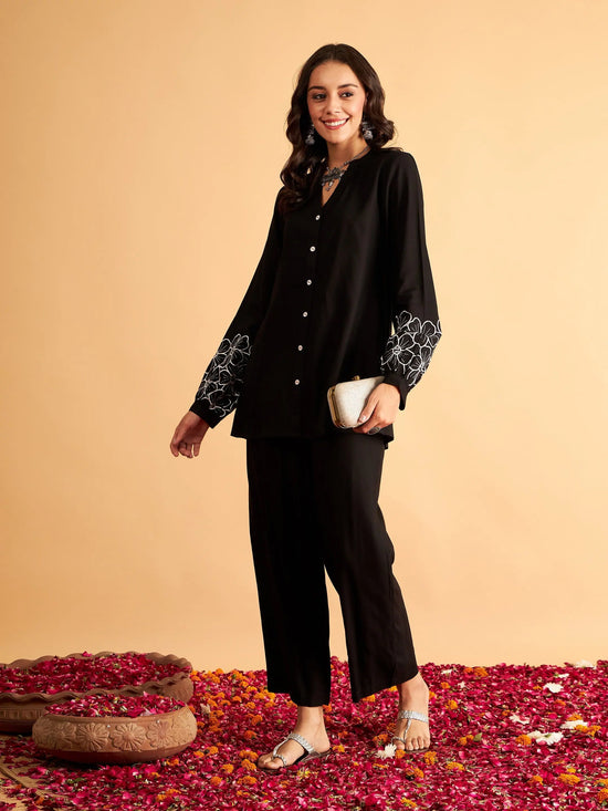 Women Black Rayon Embroidered Shirt