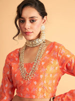 Women Orange Floral Anarkali Side Pocket Skirt With Crop Top