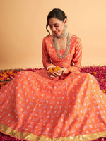 Women Orange Floral Anarkali Side Pocket Skirt With Crop Top