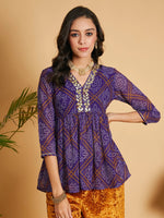 Women Purple & White Bandhej Wrap Peplum Top