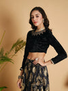 Women Black Velvet Embroidered Crop Top