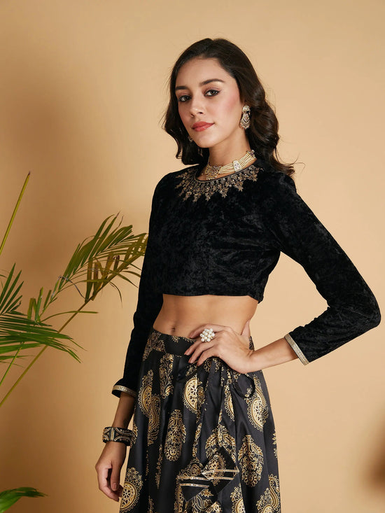 Women Black Velvet Embroidered Crop Top