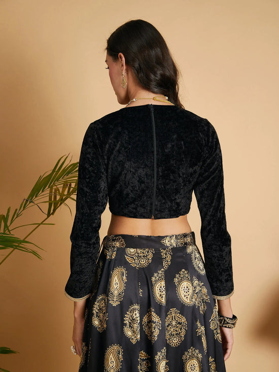 Women Black Velvet Embroidered Crop Top