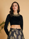 Women Black Velvet Embroidered Crop Top