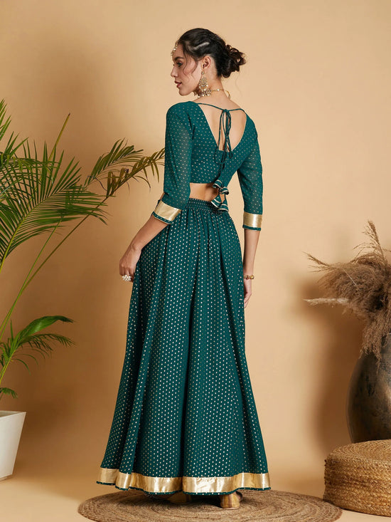 Women Emerald Dot Foil Print Anarkali Skirt With Crop Top