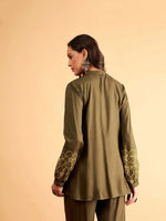 Women Olive Rayon Embroidered Shirt