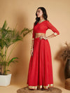 Women Red Dot Foil Print Anarkali Skirt With Crop Top