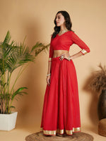 Women Red Dot Foil Print Anarkali Skirt With Crop Top