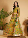 Women Lemon Yellow Floral Anarkali Skirt With Crop Top