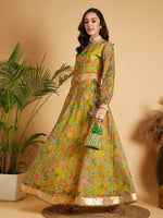 Women Lemon Yellow Floral Anarkali Skirt With Crop Top