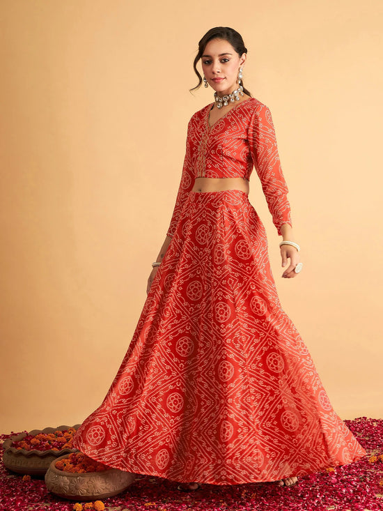 Women Red & White Bandhej Anarkali Skirt With Crop Top