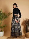 Women Black Floral Skirt With Black Velvet Crop Top