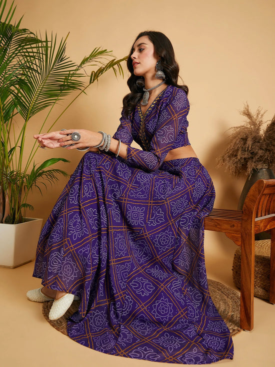 Women Purple & White Bandhej Anarkali Skirt With Crop Top