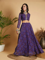 Women Purple & White Bandhej Anarkali Skirt With Crop Top