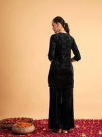 Women Black Velvet Embroidered Short Kurta With Palazzos-SHSET95611XS