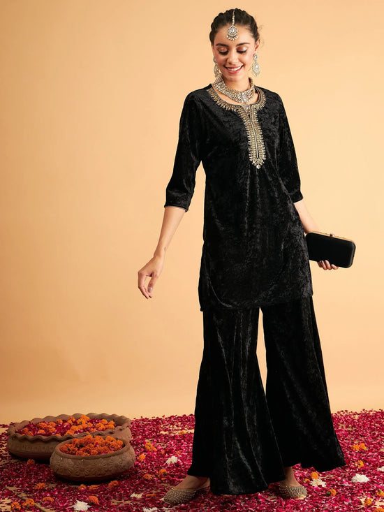 Women Black Velvet Embroidered Short Kurta With Palazzos-SHSET95611XS