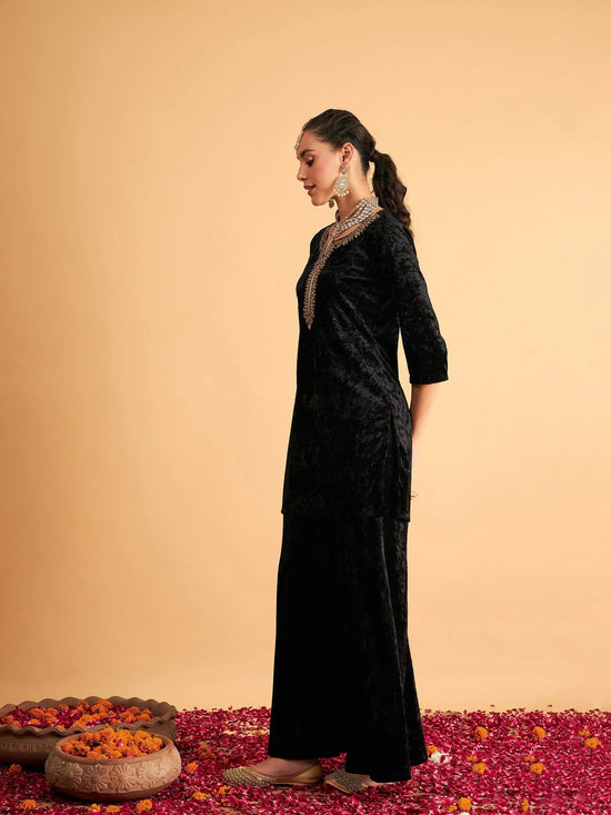 Women Black Velvet Embroidered Short Kurta With Palazzos-SHSET95611XS