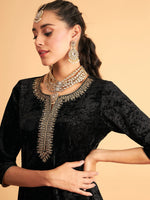 Women Black Velvet Embroidered Short Kurta With Palazzos-SHSET95611XS