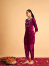 Women Fuchsia Velvet Embroidered Short Kurta With Dhoti Pants