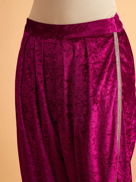 Women Fuchsia Velvet Embroidered Short Kurta With Dhoti Pants