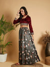 Women Olive Floral Skirt With Maroon Velvet Crop Top