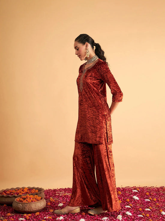 Women Rust Velvet Embroidered Short Kurta With Palazzos