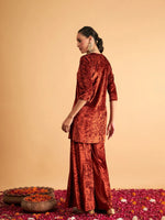 Women Rust Velvet Embroidered Short Kurta With Palazzos