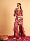 Women Pink Velvet Embroidered Short Kurta With Palazzos-SHSET95612XS