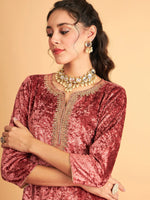 Women Pink Velvet Embroidered Short Kurta With Palazzos-SHSET95612XS