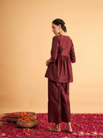 Women Maroon Embroidered Wrap Peplum Top With Pants