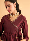 Women Maroon Embroidered Wrap Peplum Top With Pants