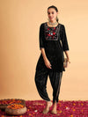 Women Black Velvet Embroidered Short Kurta With Dhoti Pants