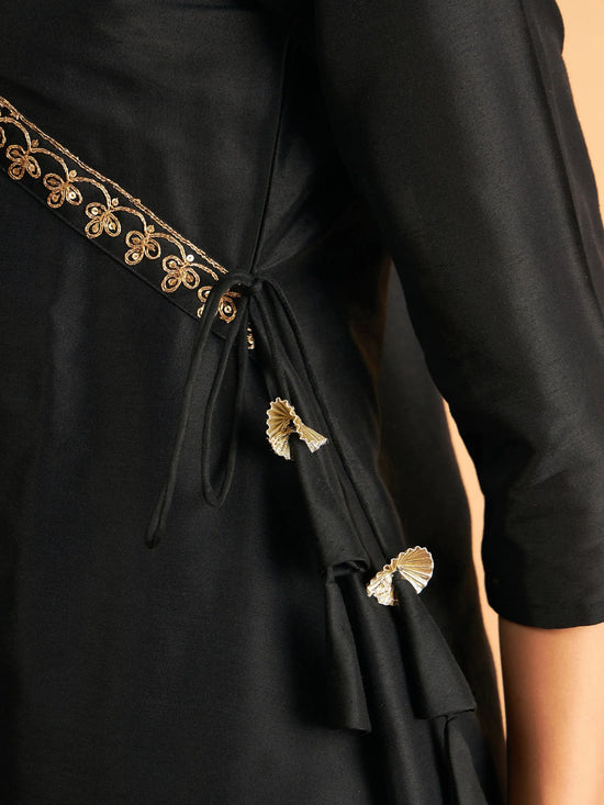 Women Black Embroidered Wrap Top With Pants