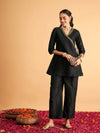 Women Black Embroidered Wrap Top With Pants