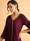 Women Burgundy Embroidered A Line Top With Pants