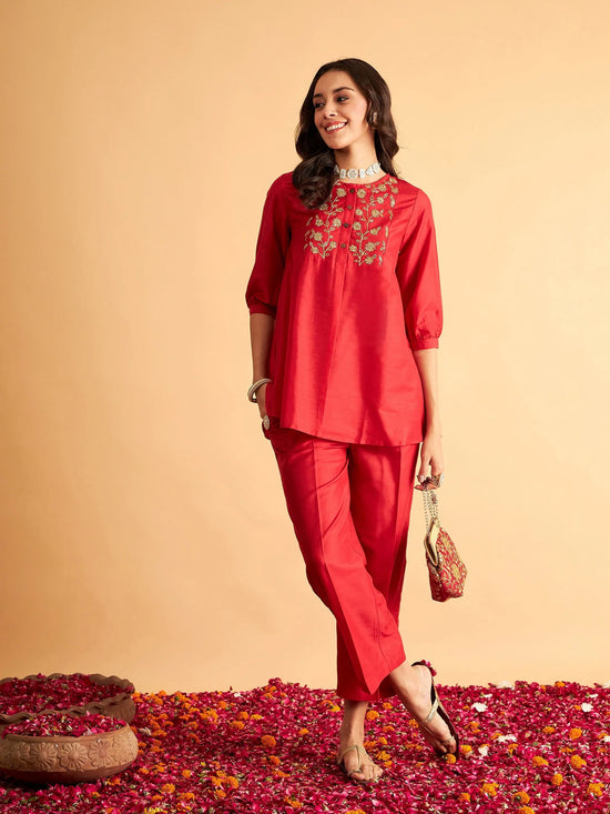 Women Red Embroidered Top With Pants