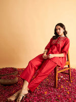 Women Red Embroidered Top With Pants