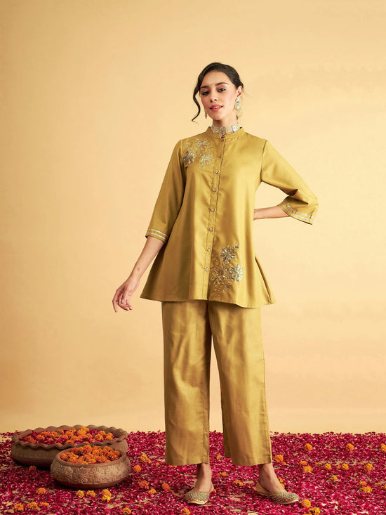 Women Yellow Embroidered Collar Shirt With Pants