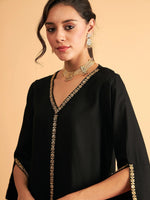 Women Black Embroidered A Line Top With Pants