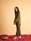 Women Olive Sleeves Embroidered Shirt With Pants