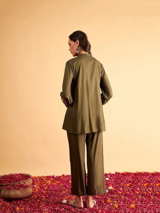 Women Olive Sleeves Embroidered Shirt With Pants