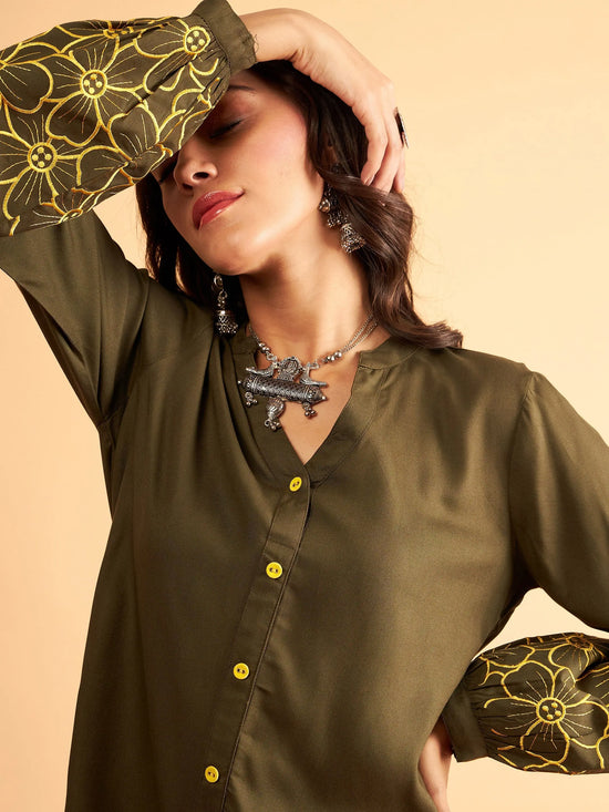 Women Olive Sleeves Embroidered Shirt With Pants