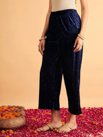 Women Navy Velvet Straight Pants