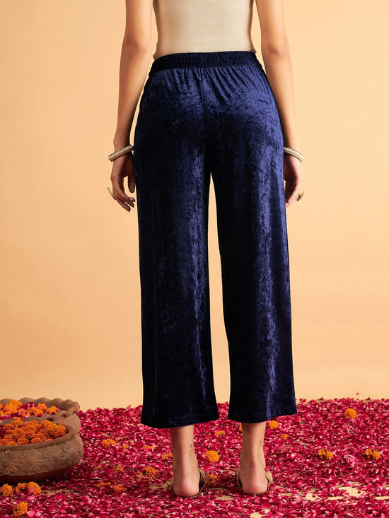 Women Navy Velvet Straight Pants