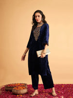 Women Navy Velvet Straight Pants