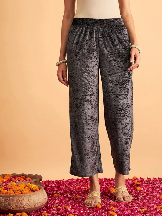 Women Grey Velvet Straight Pants