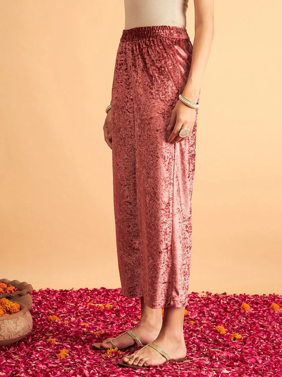 Women Pink Velvet Straight Pants-SHPAN50610XS